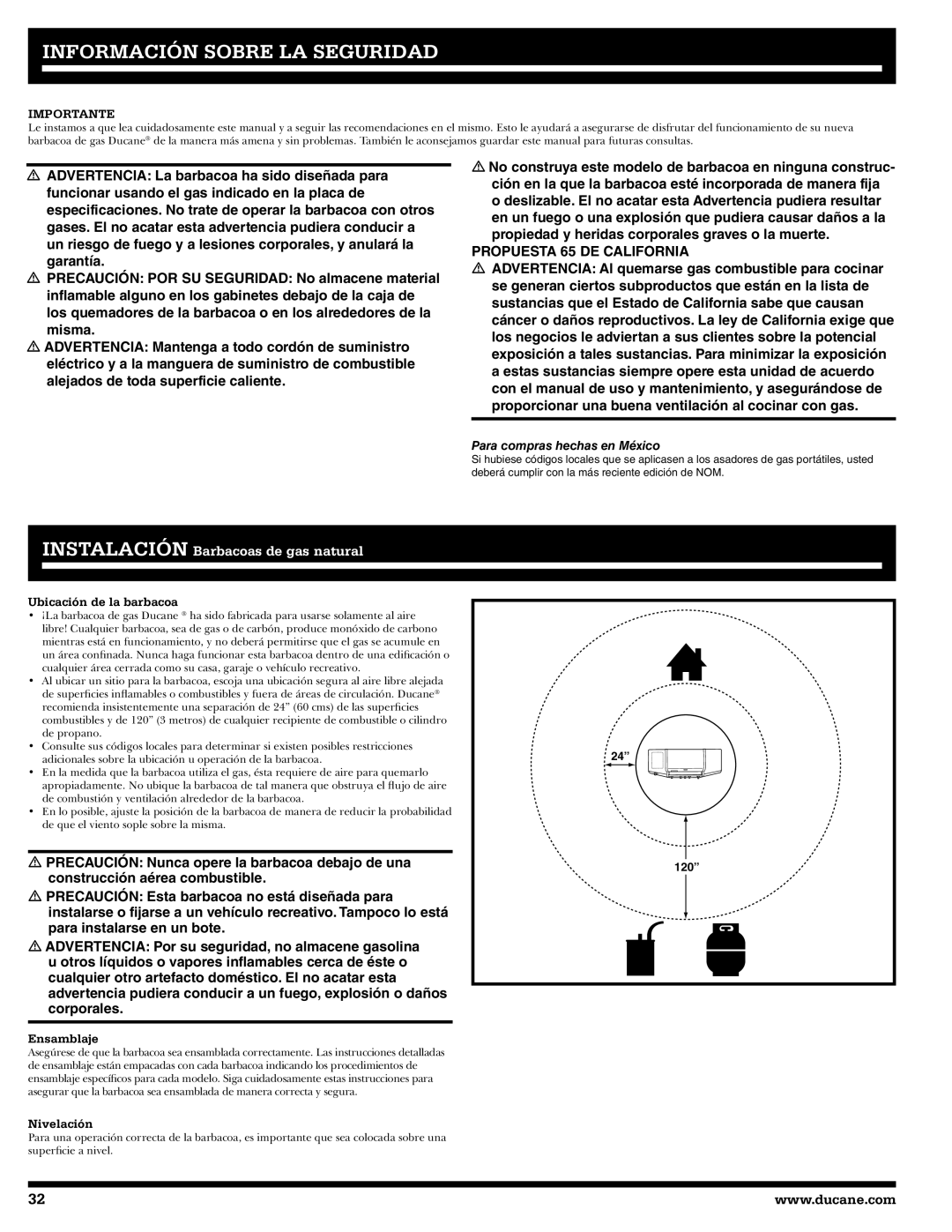 Ducane 27010357 Información Sobre LA Seguridad, Propuesta 65 DE California, Ubicación de la barbacoa, Ensamblaje 