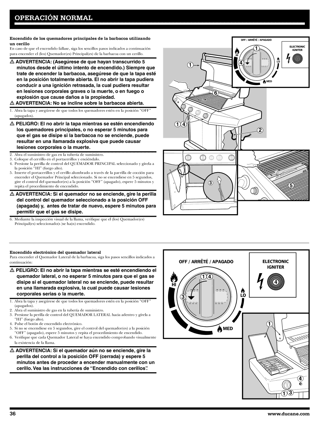 Ducane 27010357 owner manual Un cerillo, Encendido electrónico del quemador lateral 