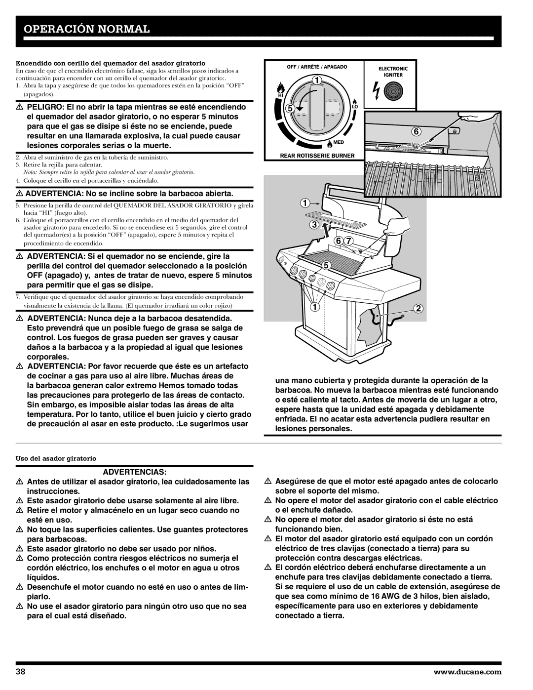 Ducane 27010357 Advertencias, Encendido con cerillo del quemador del asador giratorio, Uso del asador giratorio 