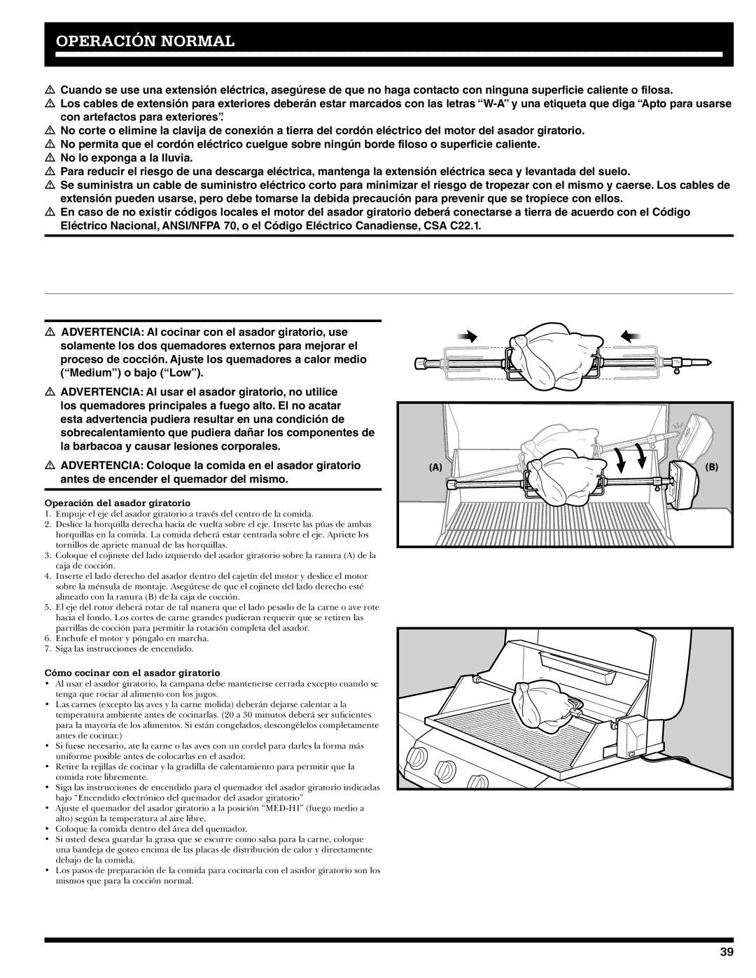 Ducane 27010357 owner manual Operación del asador giratorio, Cómo cocinar con el asador giratorio 