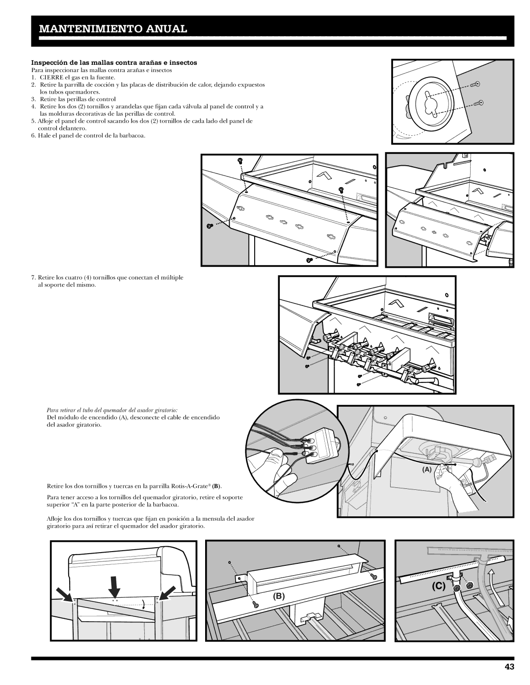 Ducane 27010357 owner manual Mantenimiento Anual, Inspección de las mallas contra arañas e insectos 