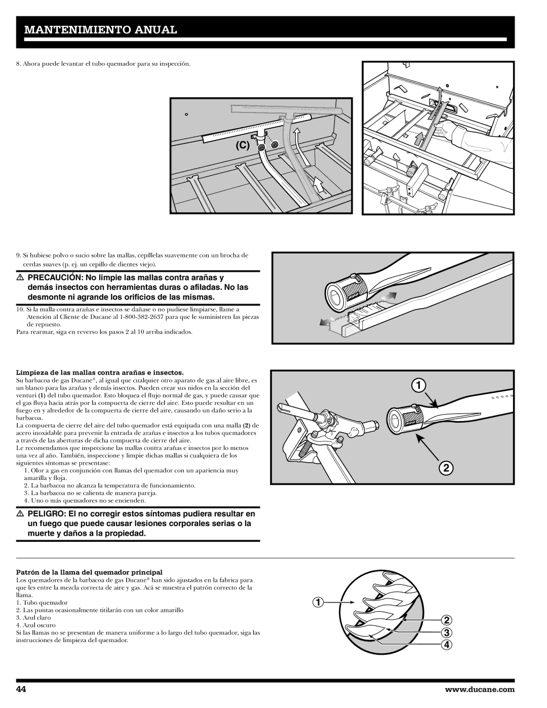 Ducane 27010357 owner manual Limpieza de las mallas contra arañas e insectos, Patrón de la llama del quemador principal 