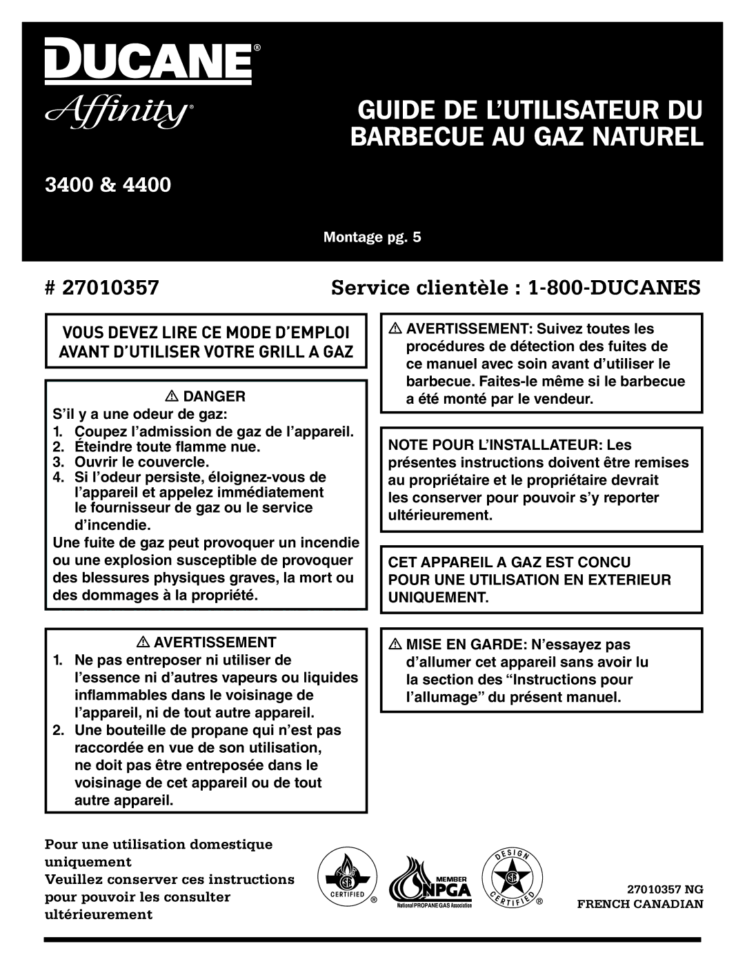 Ducane 27010357 owner manual Guide DE L’UTILISATEUR DU Barbecue AU GAZ Naturel 