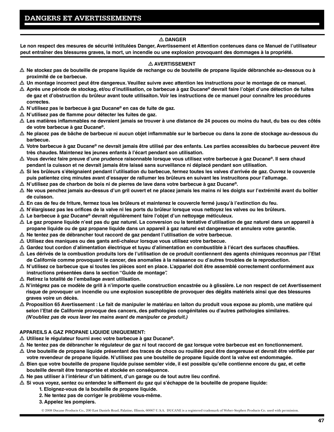 Ducane 27010357 owner manual Avertissement, Appareils a GAZ Propane Liquide Uniquement 