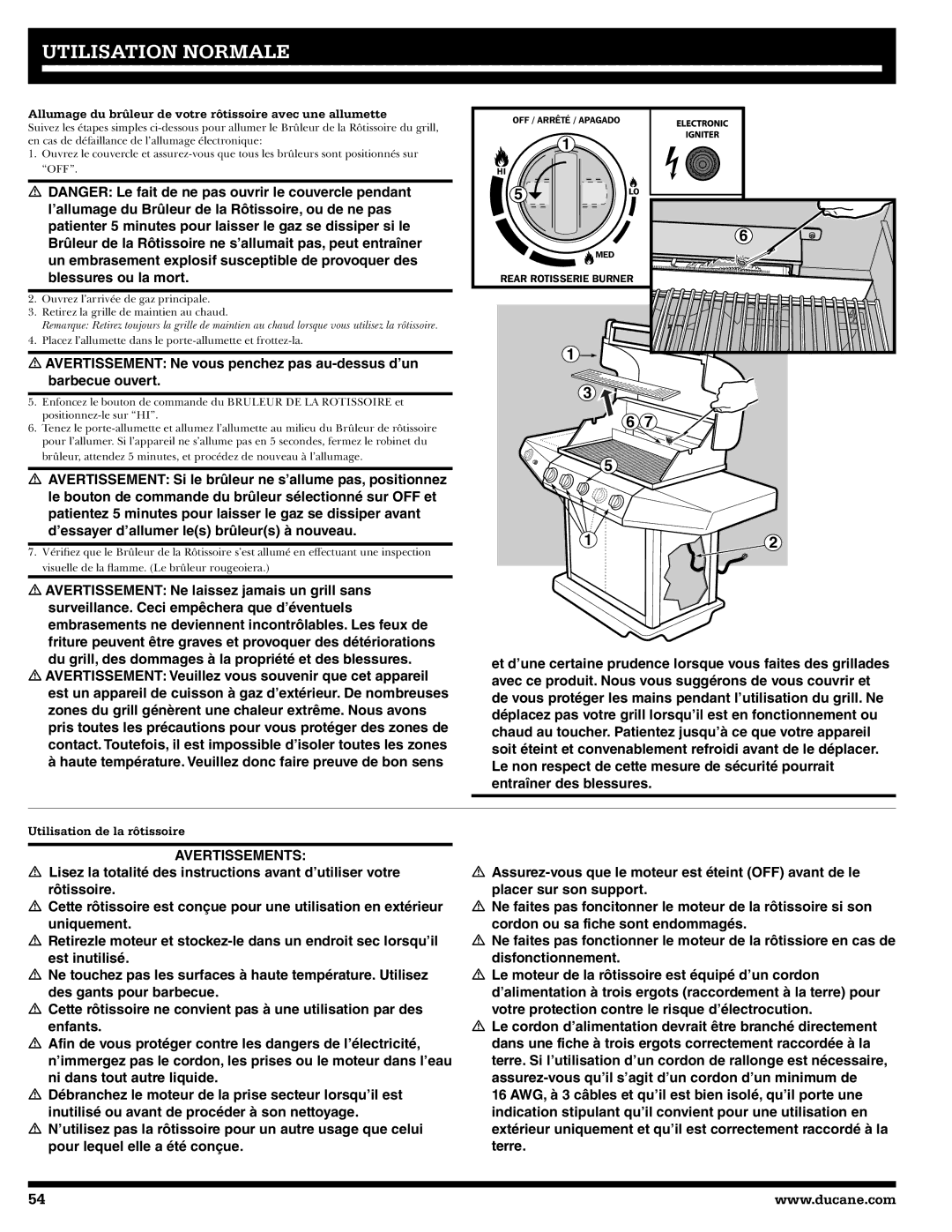 Ducane 27010357 Avertissements, Allumage du brûleur de votre rôtissoire avec une allumette, Utilisation de la rôtissoire 