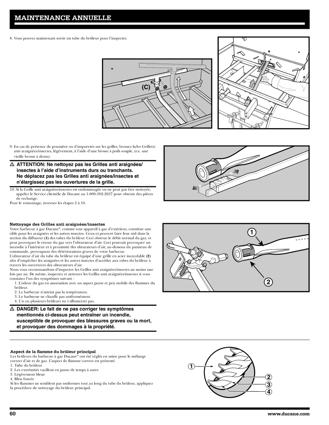 Ducane 27010357 owner manual Nettoyage des Grilles anti araignées/insectes, Aspect de la ﬂamme du brûleur principal 