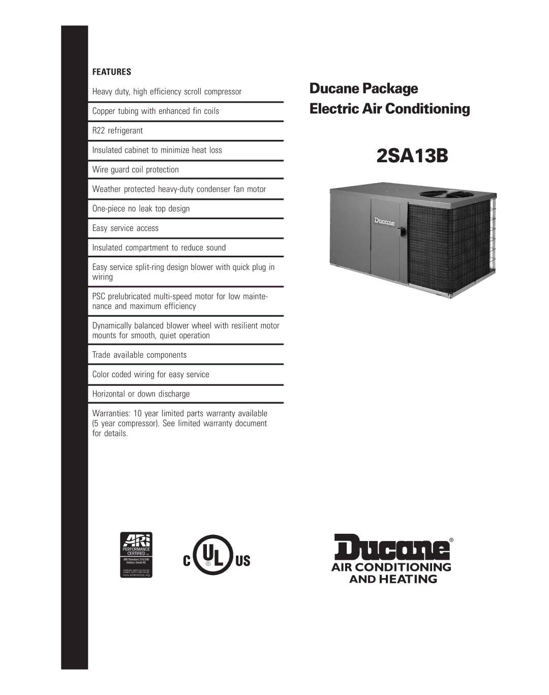 Ducane 2SA13B warranty 