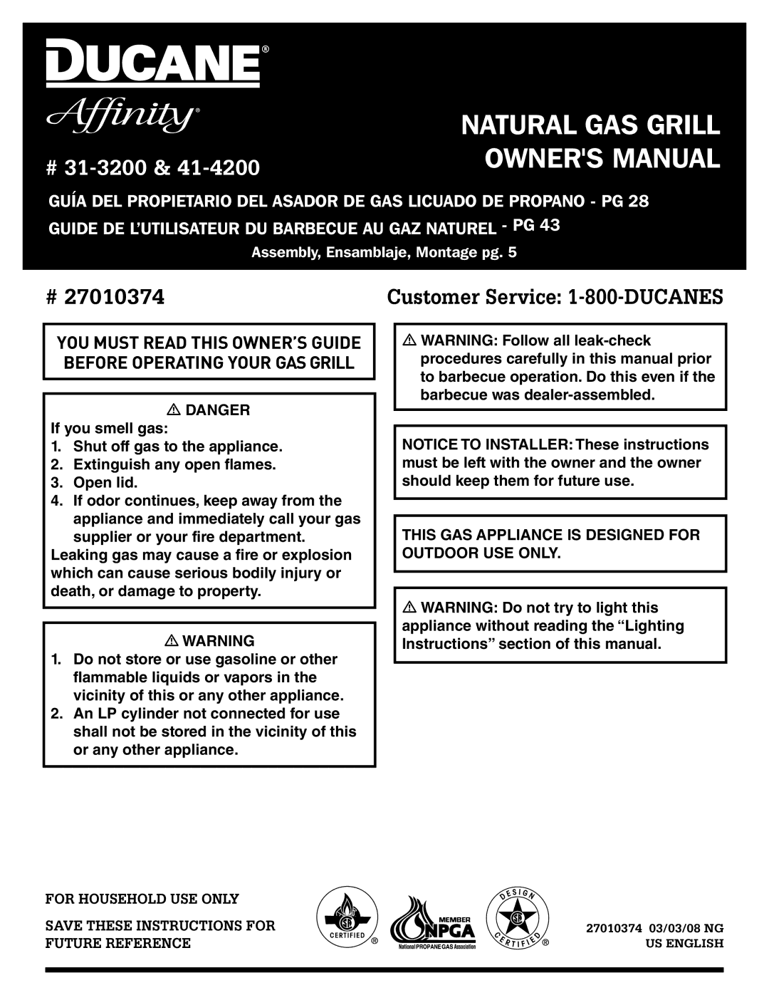 Ducane 31-3200 owner manual Natural GAS Grill 