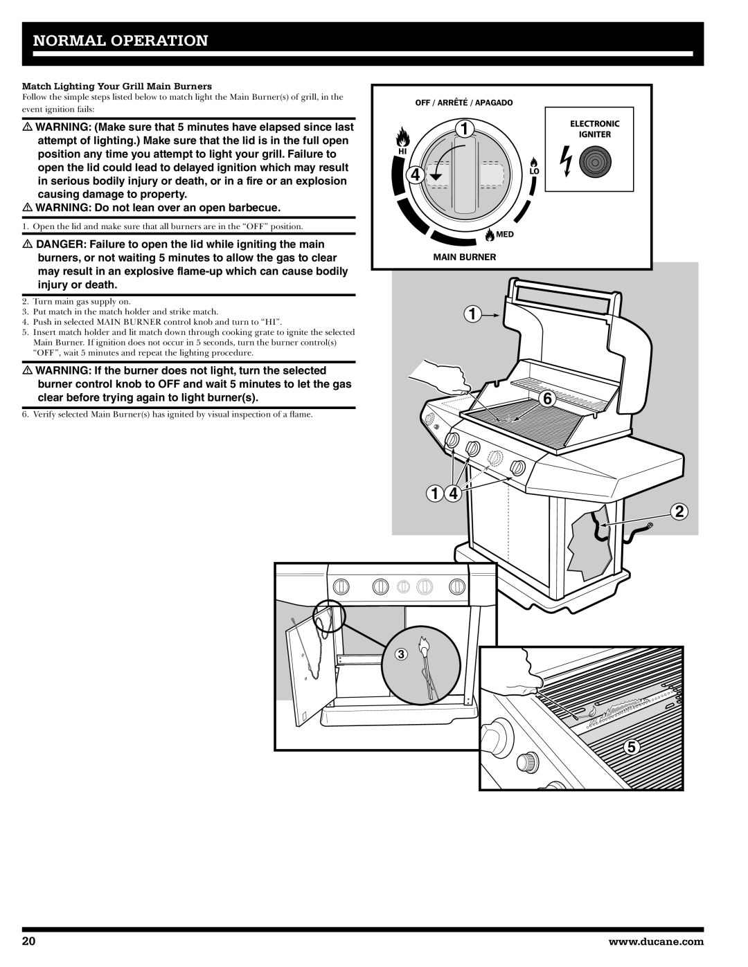 Ducane 31-3200 owner manual Match Lighting Your Grill Main Burners 