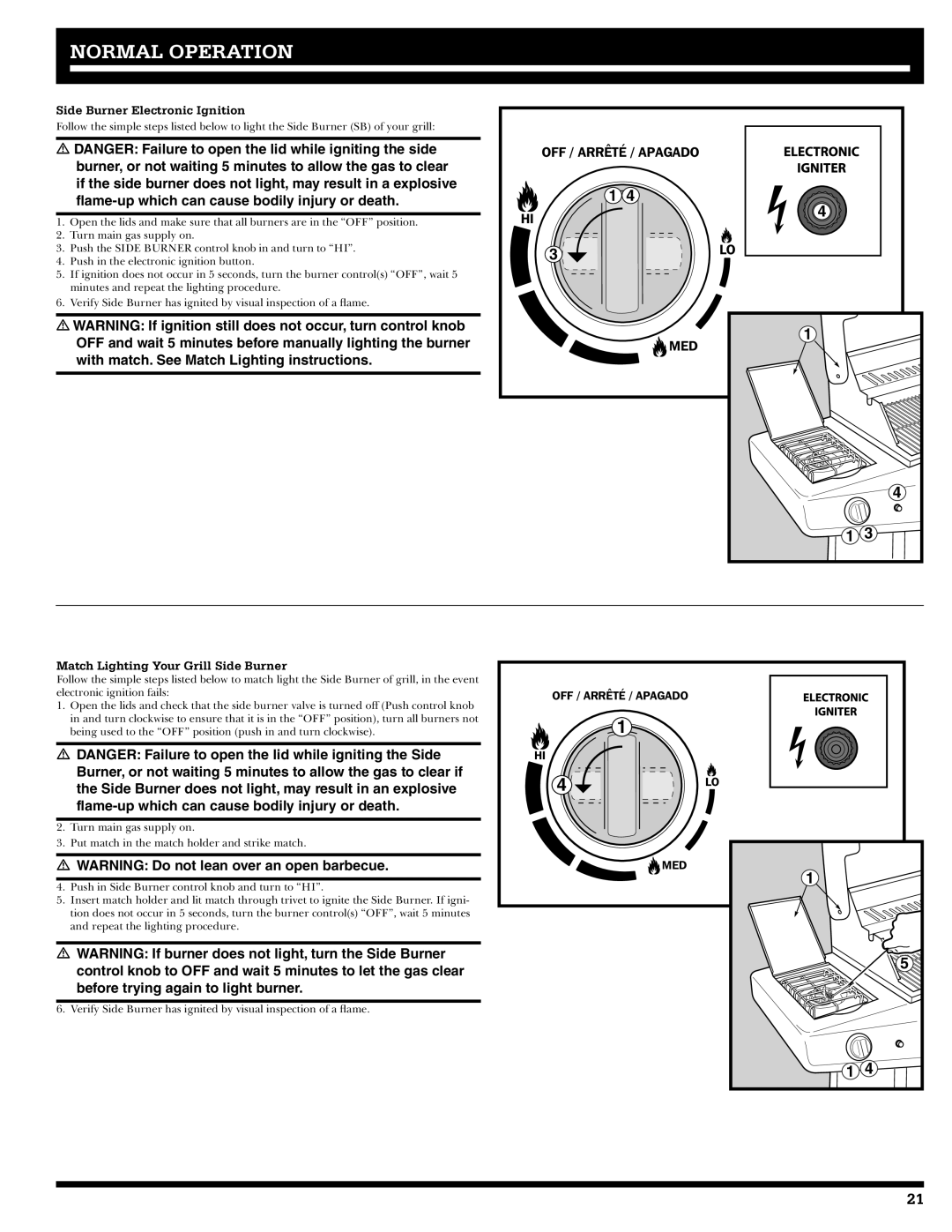 Ducane 31-3200 owner manual Side Burner Electronic Ignition, Match Lighting Your Grill Side Burner 