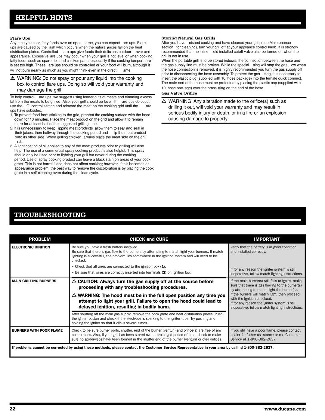 Ducane 31-3200 owner manual Helpful Hints, Troubleshooting, Flare Ups, Storing Natural Gas Grills, Gas Valve Oriﬁce 