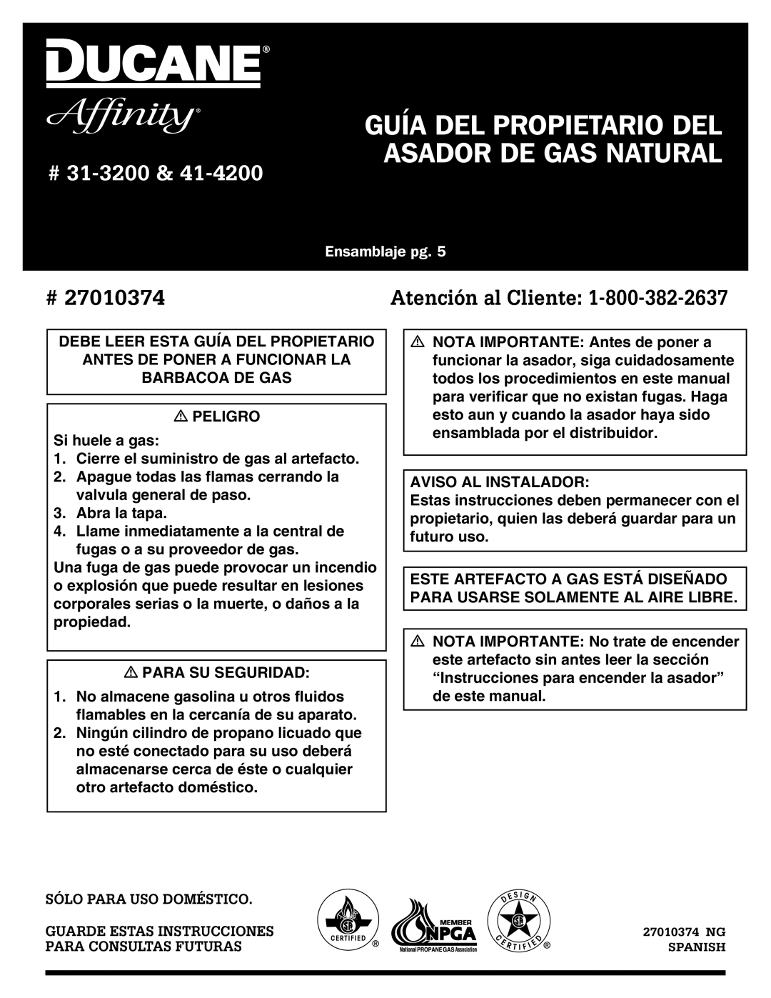 Ducane 31-3200 owner manual Guía DEL Propietario DEL Asador DE GAS Natural 