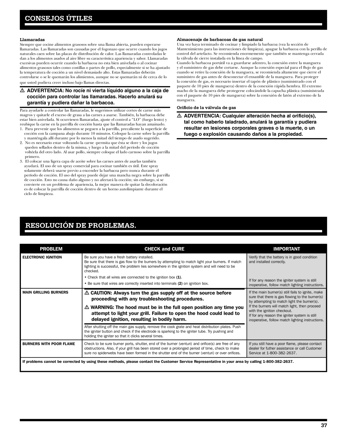 Ducane 31-3200 owner manual Consejos Útiles, Resolución DE Problemas, Llamaradas, Almacenaje de barbacoas de gas natural 