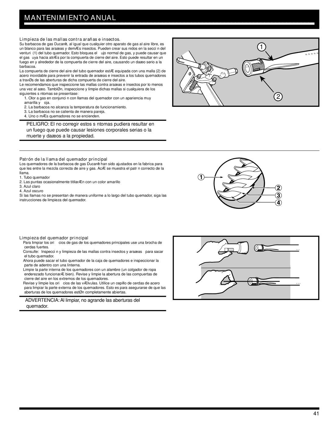 Ducane 31-3200 owner manual Limpieza de las mallas contra arañas e insectos, Patrón de la llama del quemador principal 