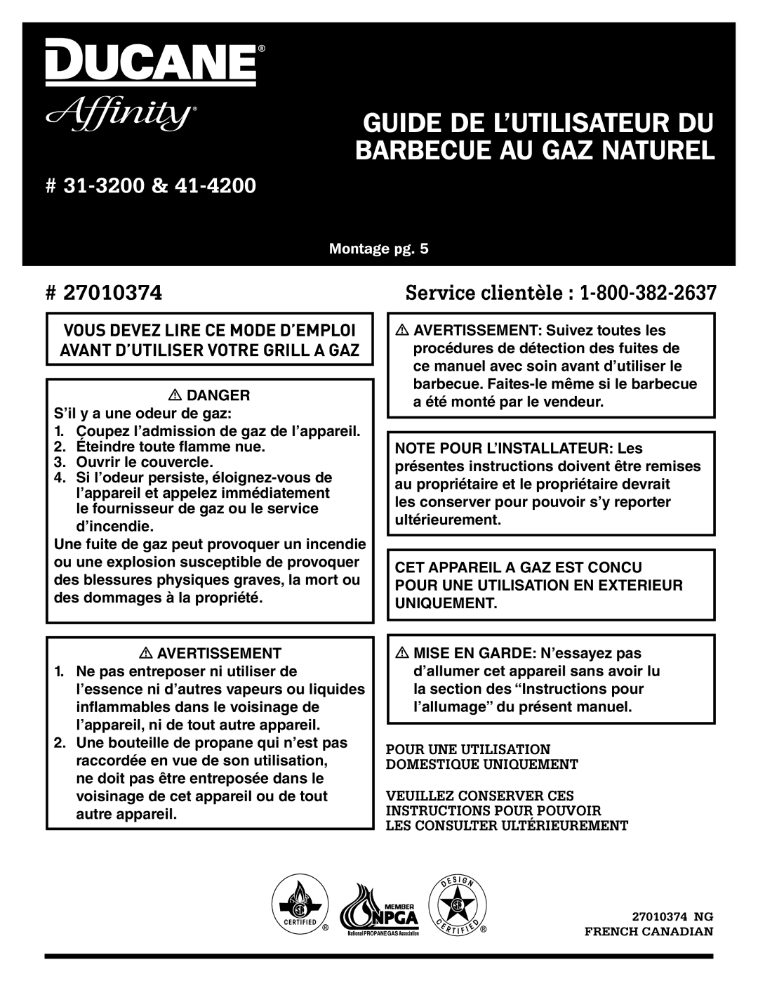 Ducane 31-3200 owner manual Guide DE L’UTILISATEUR DU Barbecue AU GAZ Naturel 