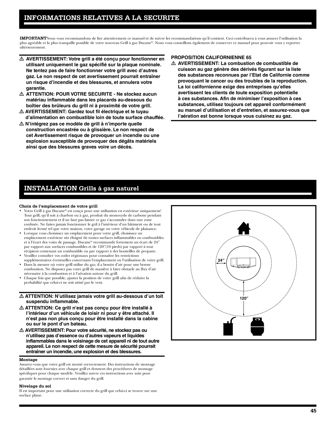 Ducane 31-3200 Informations Relatives a LA Securite, Choix de l’emplacement de votre grill, Montage, Nivelage du sol 