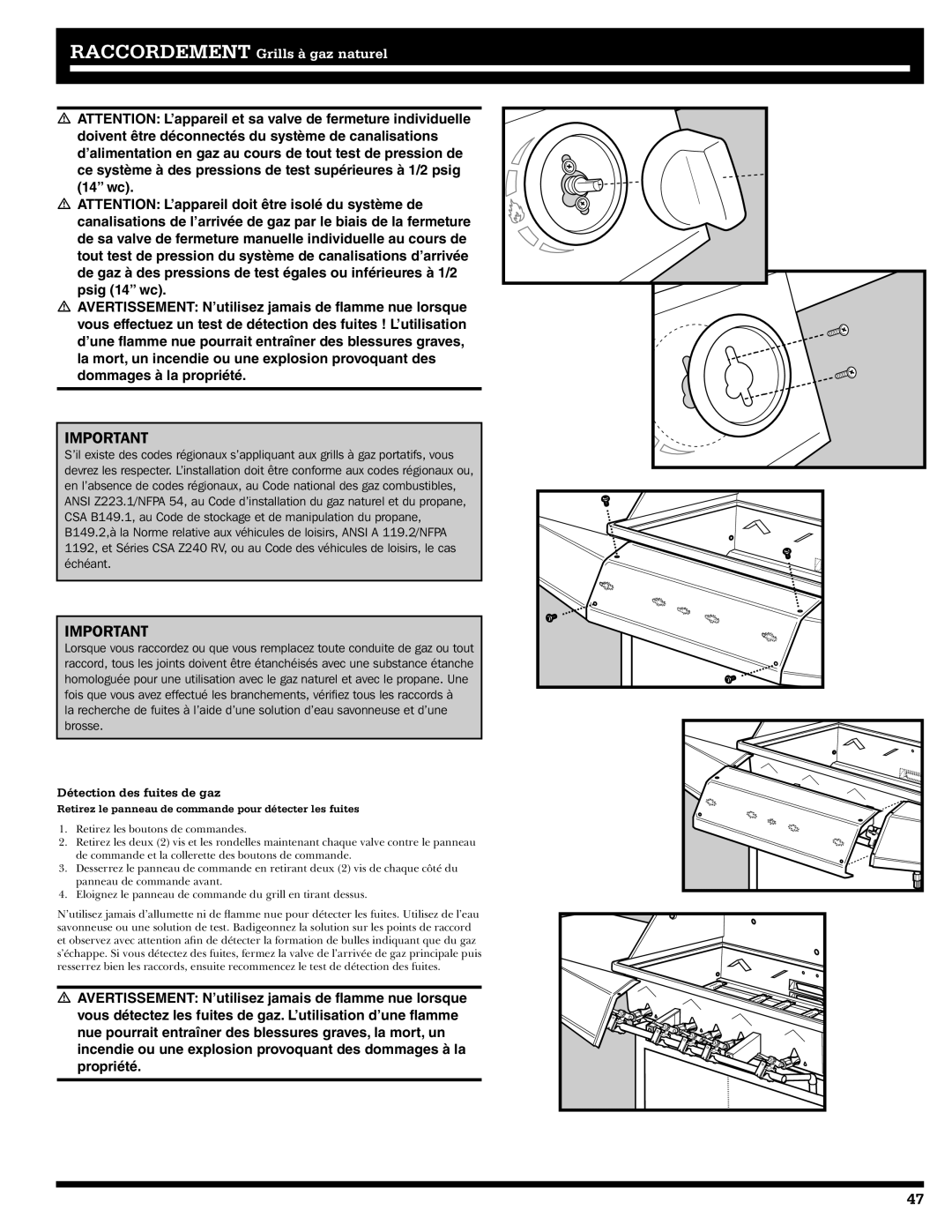 Ducane 31-3200 owner manual Raccordement Grills à gaz naturel 