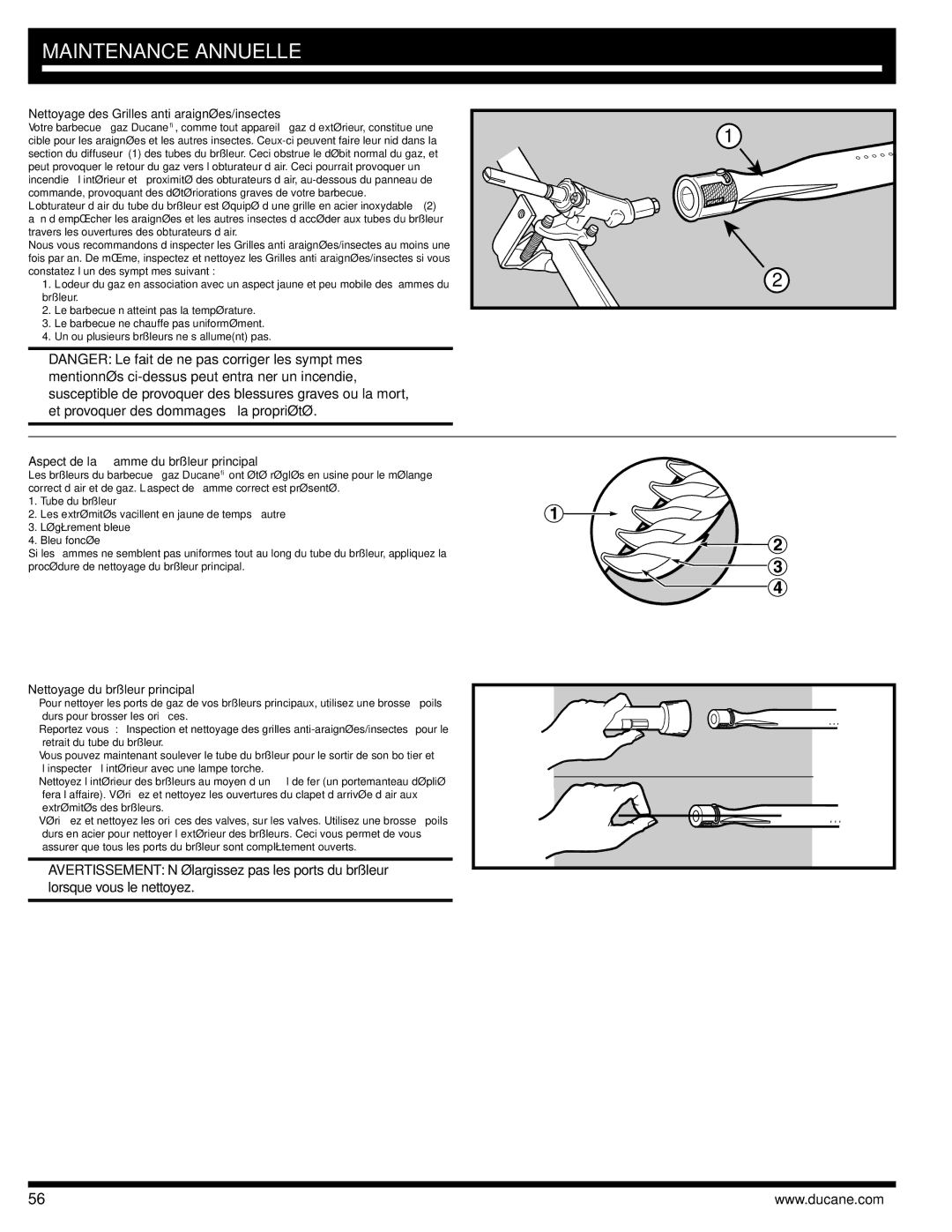 Ducane 31-3200 owner manual Nettoyage des Grilles anti araignées/insectes, Aspect de la ﬂamme du brûleur principal 