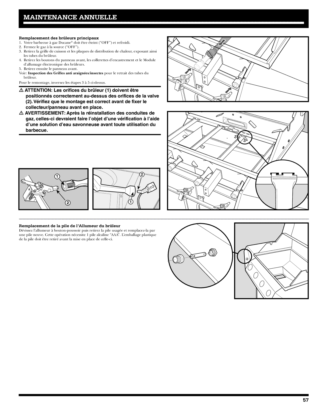 Ducane 31-3200 owner manual Remplacement des brûleurs principaux, Remplacement de la pile de l’Allumeur du brûleur 