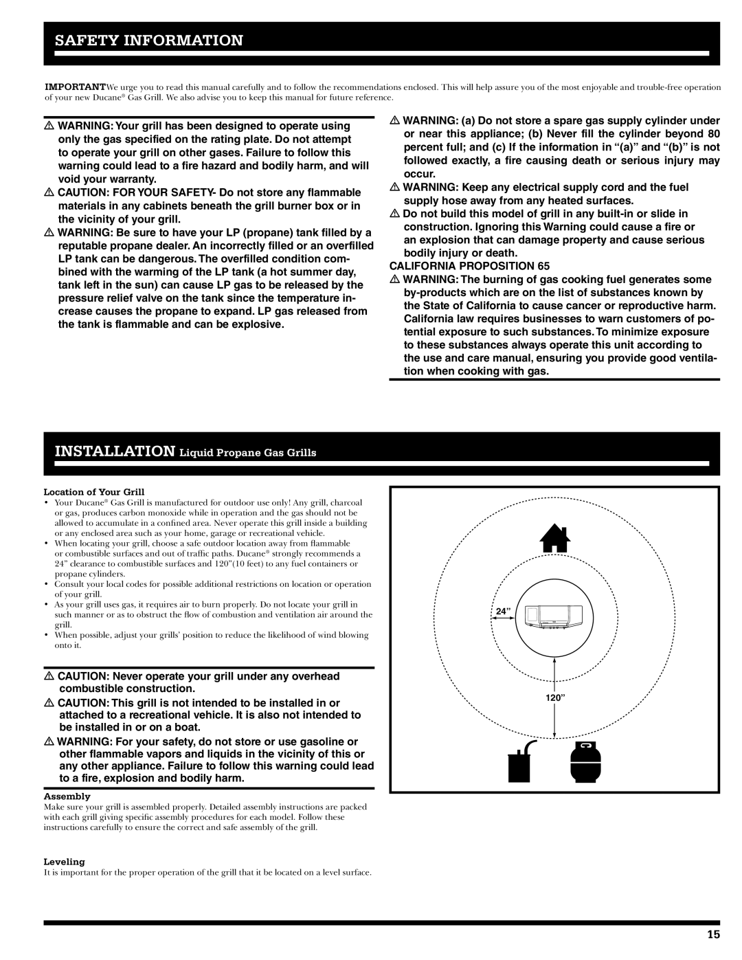 Ducane 31-3200 owner manual Safety Information, Location of Your Grill, Assembly, Leveling 