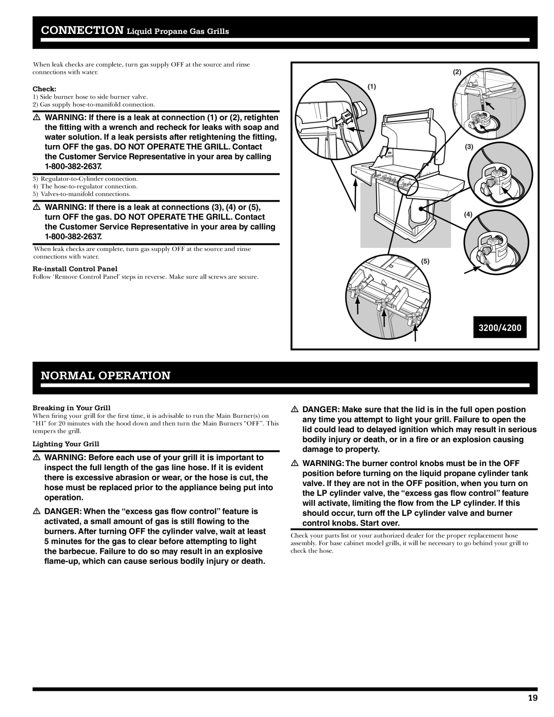 Ducane 31-3200 owner manual Normal Operation, Re-install Control Panel, Breaking in Your Grill, Lighting Your Grill 