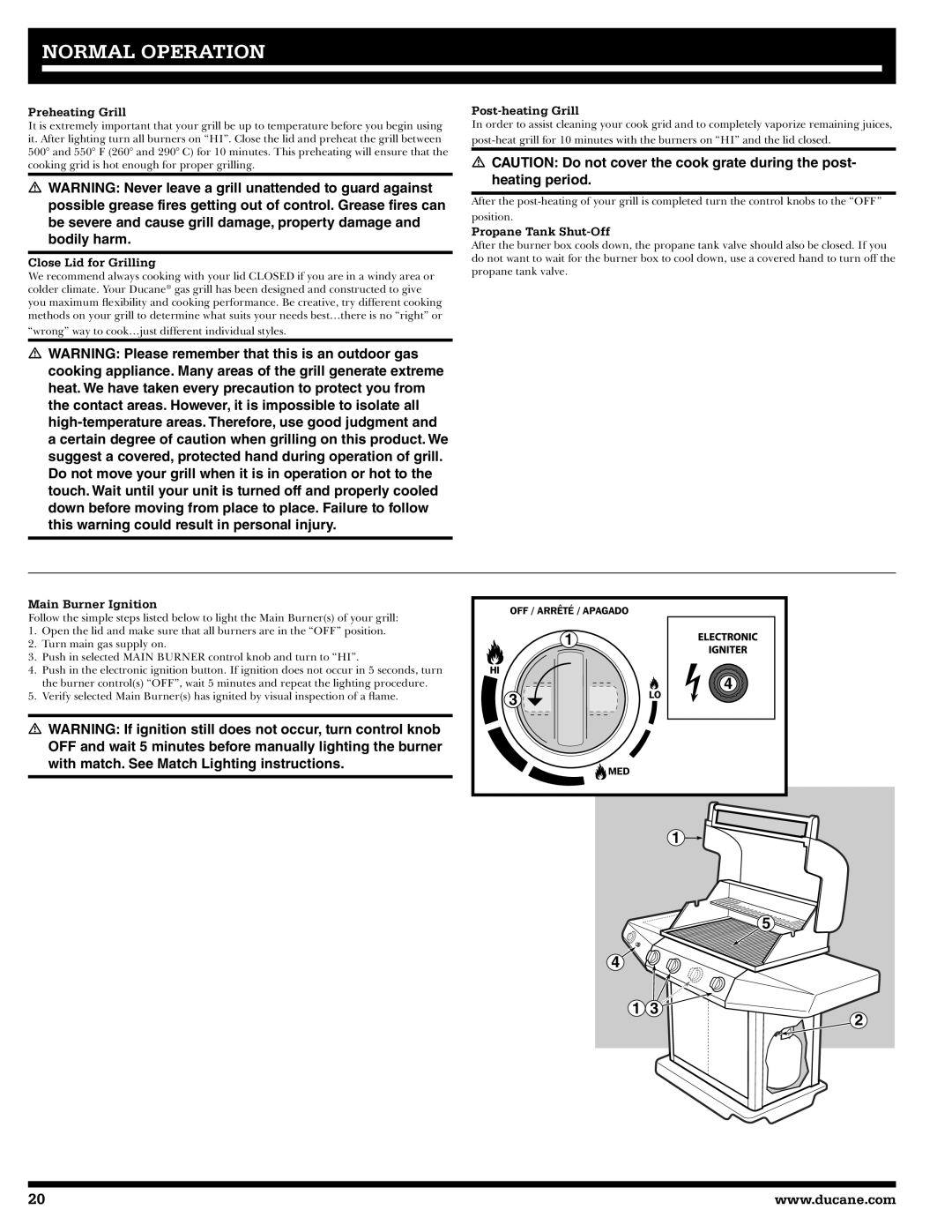 Ducane 31-3200 Preheating Grill, Close Lid for Grilling, Post-heating Grill, Propane Tank Shut-Off, Main Burner Ignition 