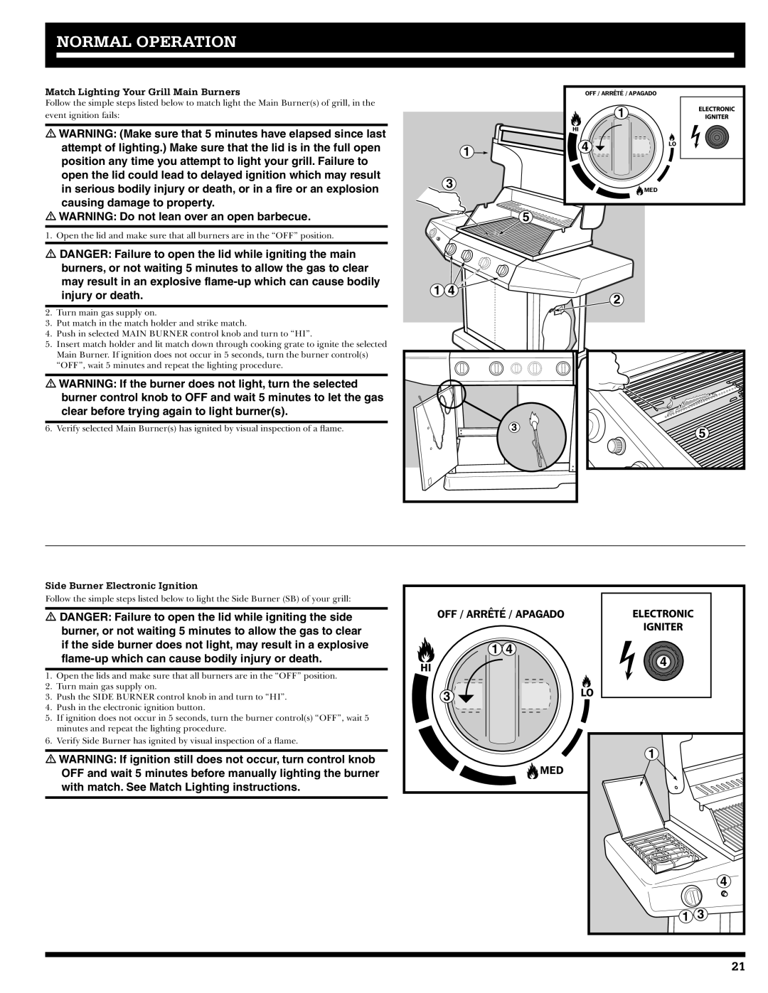 Ducane 31-3200 owner manual Match Lighting Your Grill Main Burners, Side Burner Electronic Ignition 