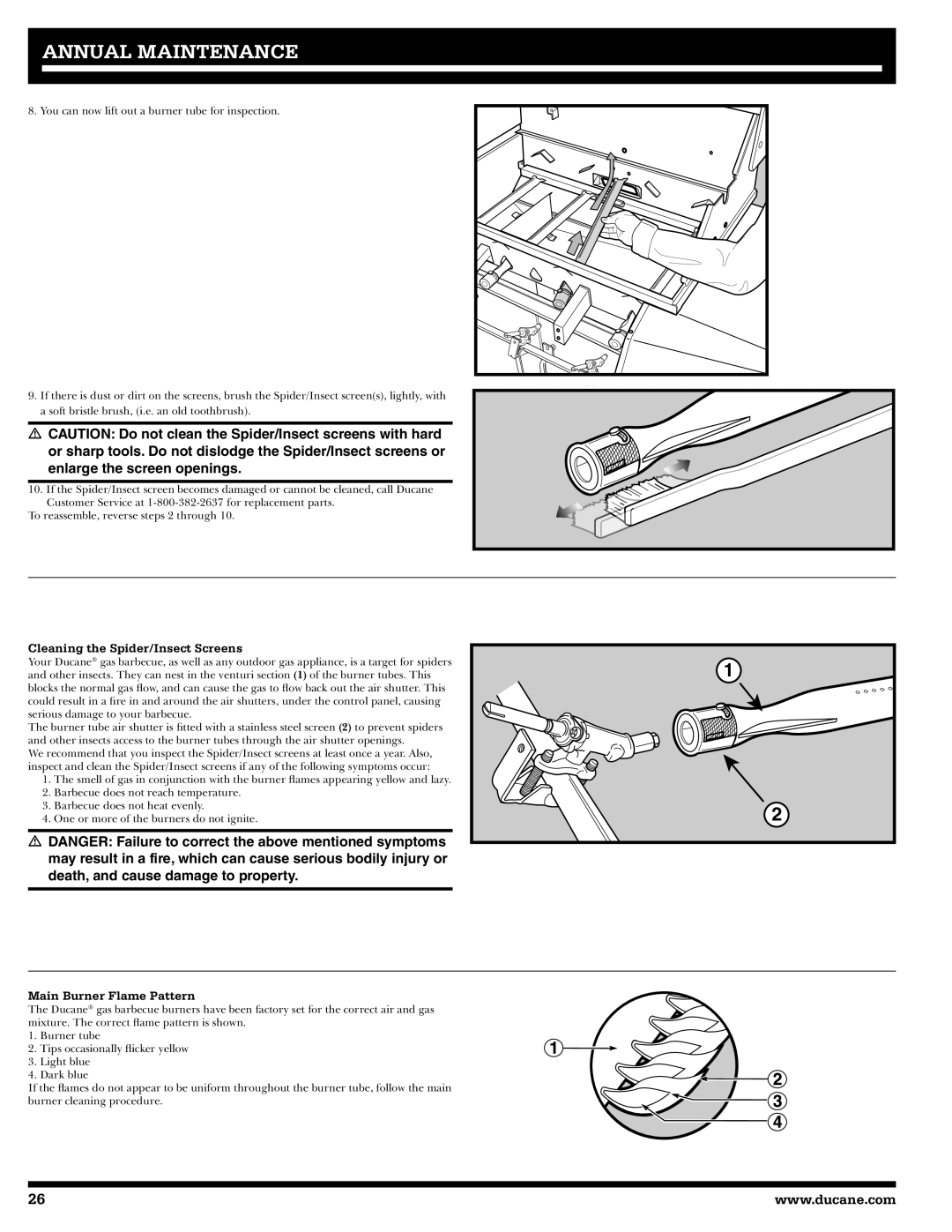 Ducane 31-3200 owner manual Cleaning the Spider/Insect Screens, Main Burner Flame Pattern 