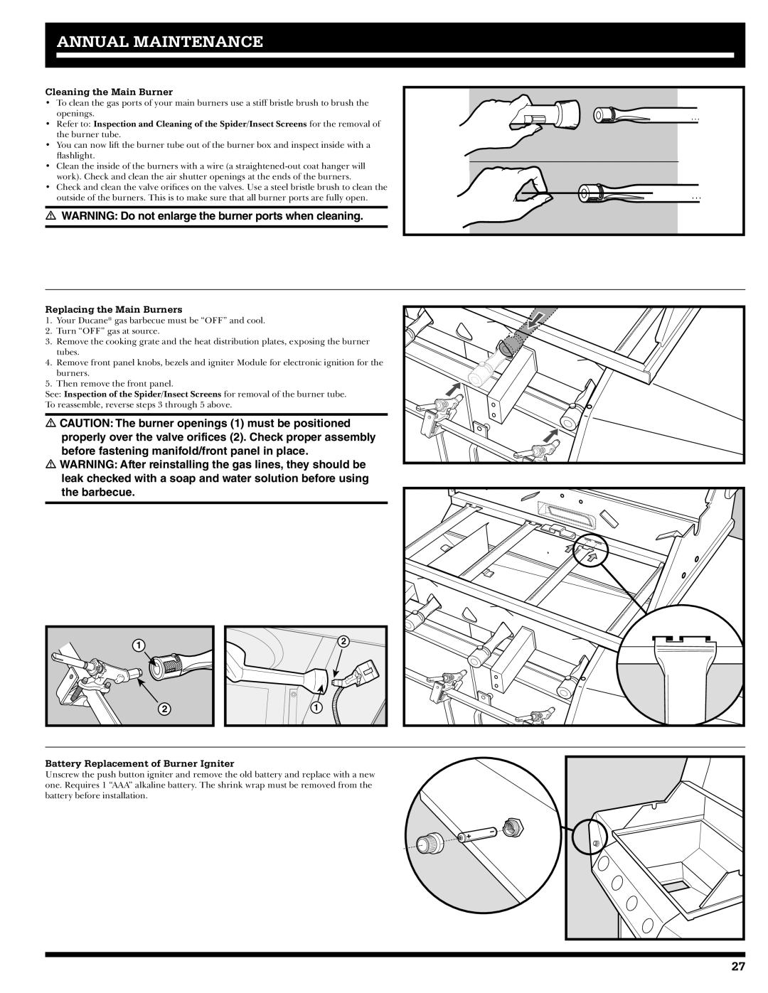 Ducane 31-3200 owner manual Cleaning the Main Burner, Replacing the Main Burners, Battery Replacement of Burner Igniter 