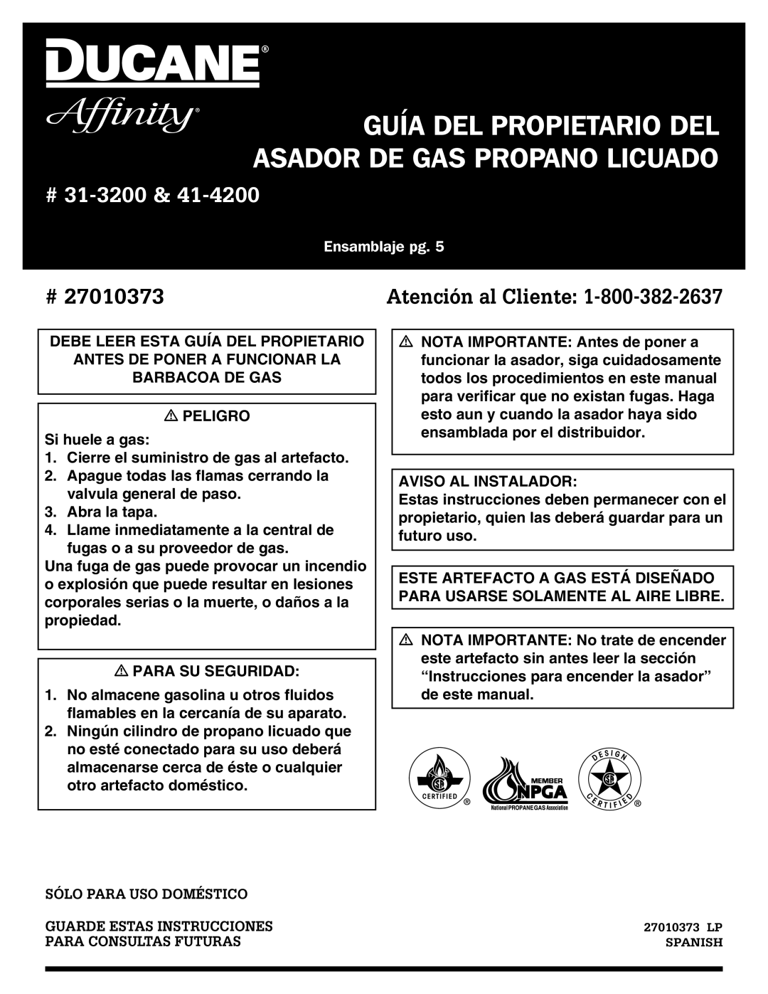 Ducane 31-3200 owner manual Guía DEL Propietario DEL Asador DE GAS Propano Licuado 