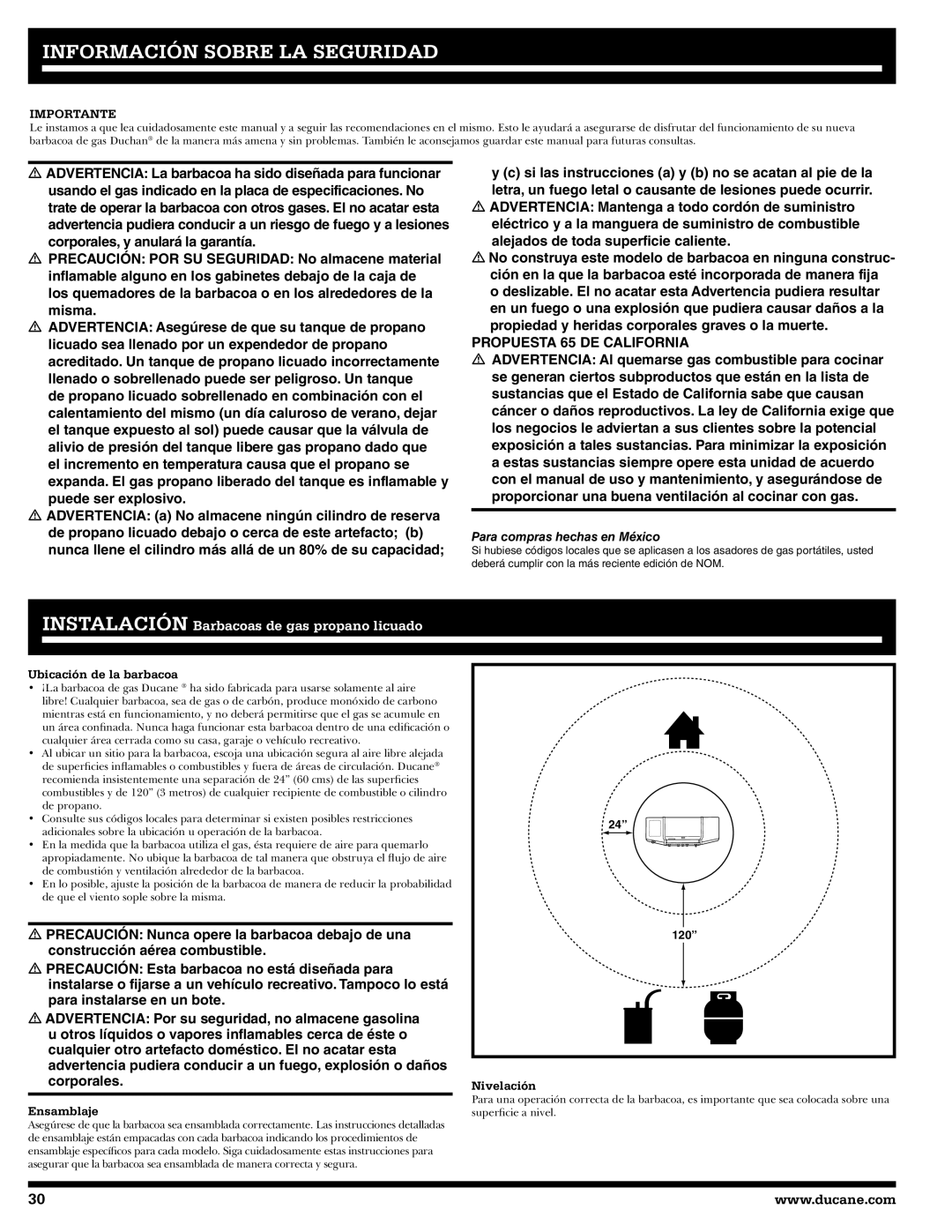 Ducane 31-3200 owner manual Información Sobre LA Seguridad, Ubicación de la barbacoa, Ensamblaje, Nivelación 