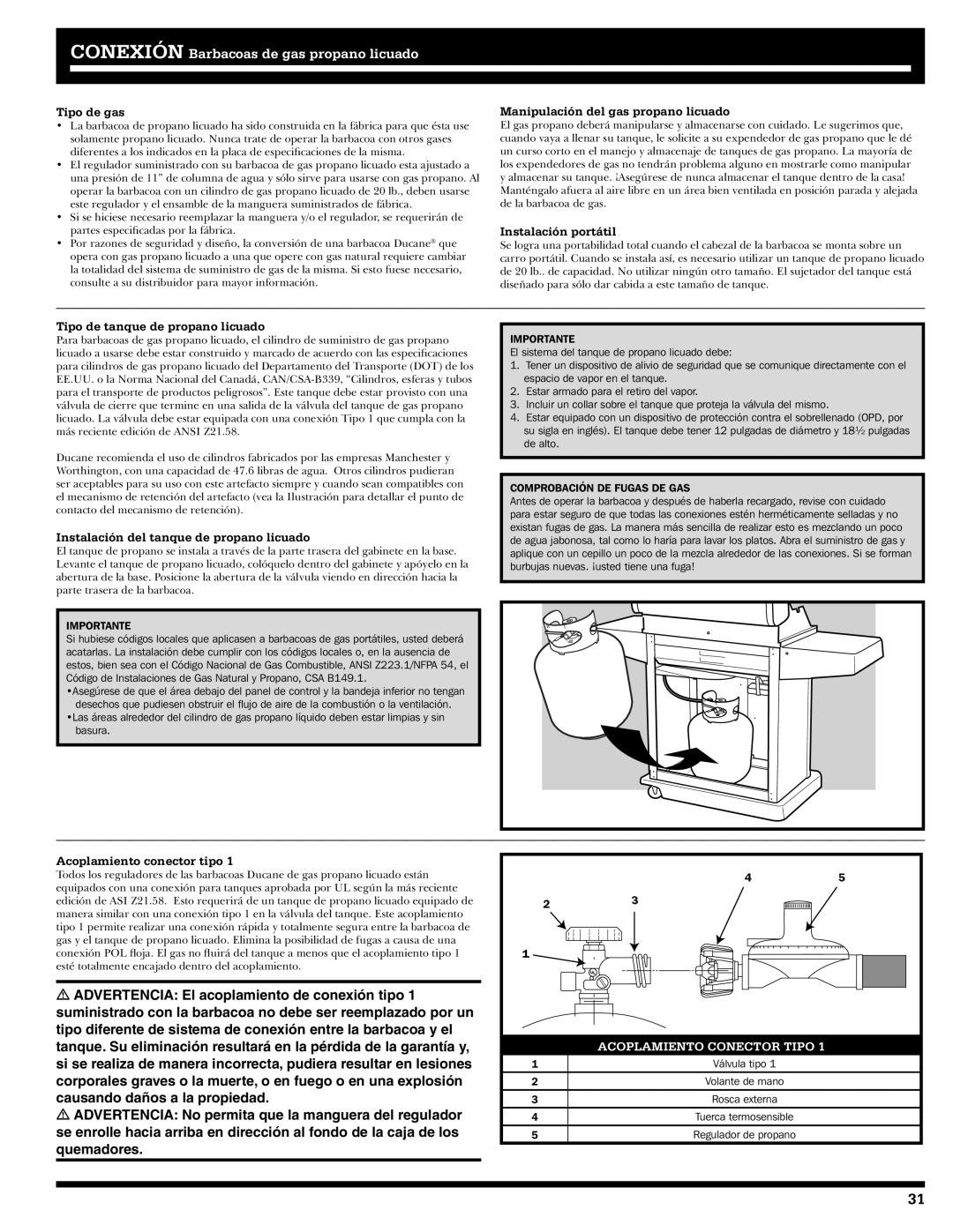 Ducane 31-3200 Tipo de gas, Manipulación del gas propano licuado, Instalación portátil, Tipo de tanque de propano licuado 