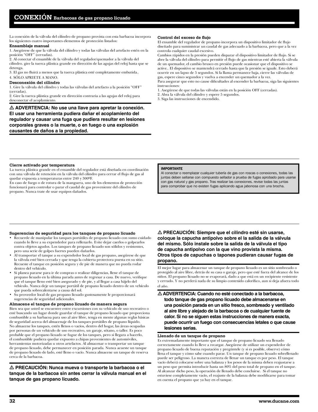 Ducane 31-3200 Ensamblaje manual, Desconexión del cilindro, Control del exceso de ﬂujo, Cierre activado por temperatura 