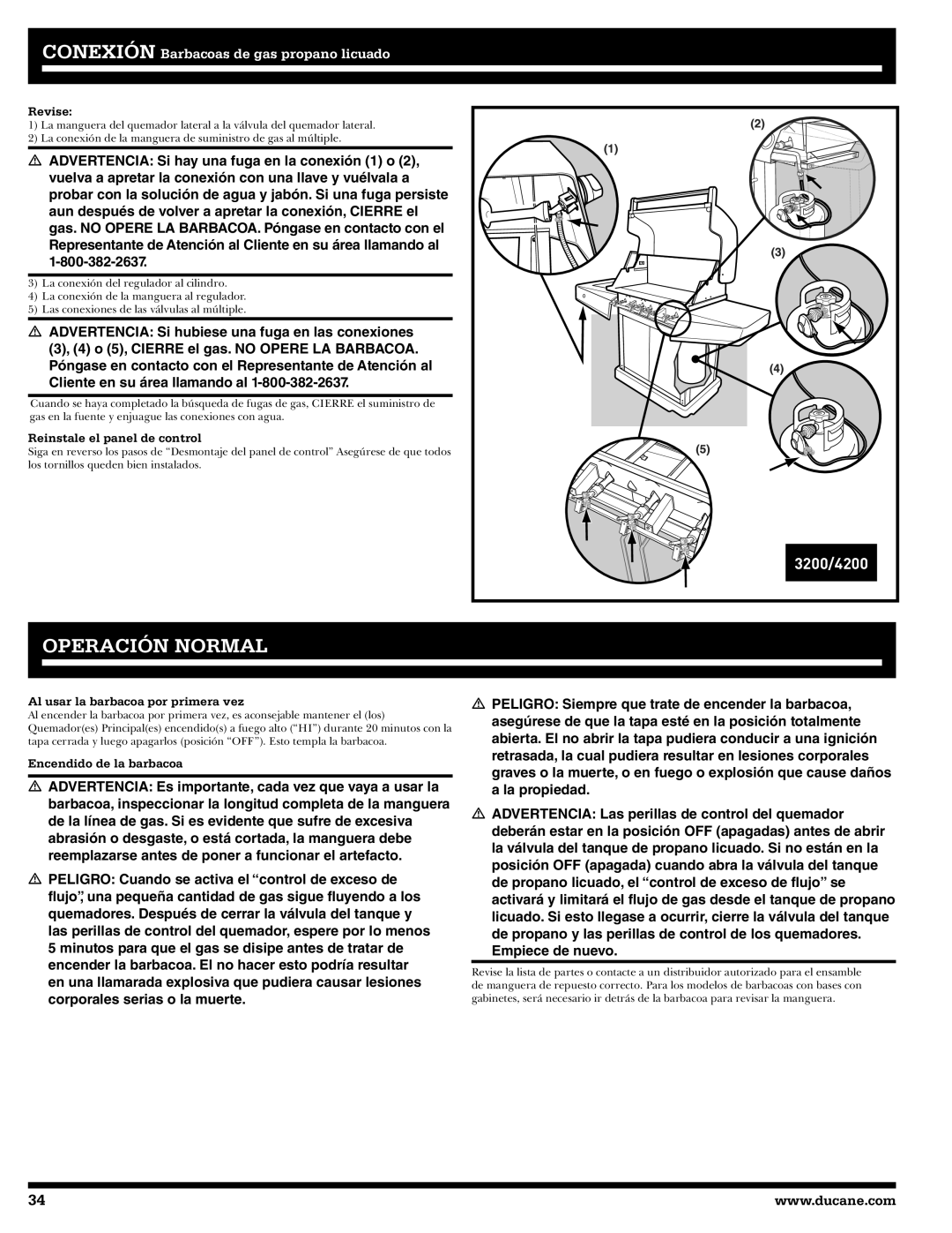 Ducane 31-3200 owner manual Operación Normal, Reinstale el panel de control, Al usar la barbacoa por primera vez 