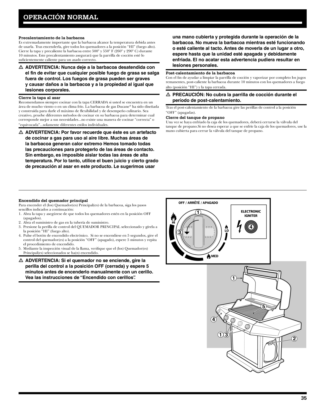 Ducane 31-3200 owner manual Precalentamiento de la barbacoa, Cierre la tapa al asar, Post-calentamiento de la barbacoa 