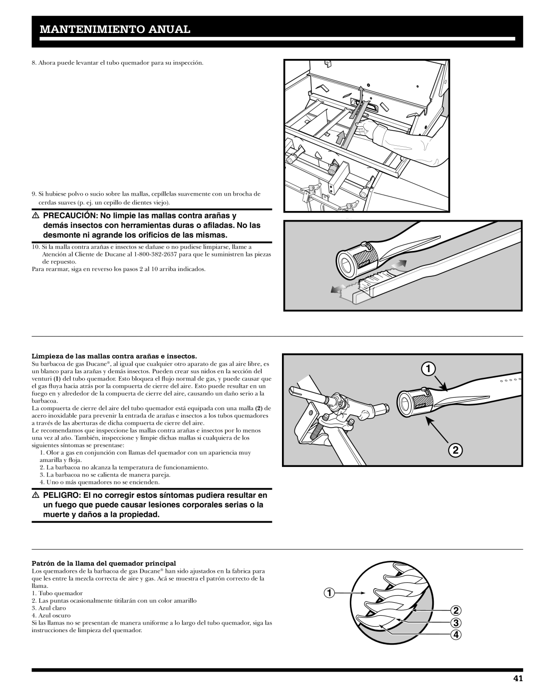 Ducane 31-3200 owner manual Limpieza de las mallas contra arañas e insectos, Patrón de la llama del quemador principal 