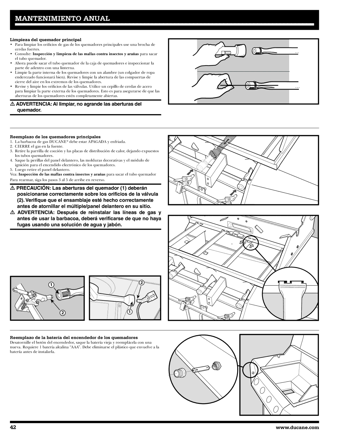 Ducane 31-3200 owner manual Limpieza del quemador principal, Reemplazo de los quemadores principales 