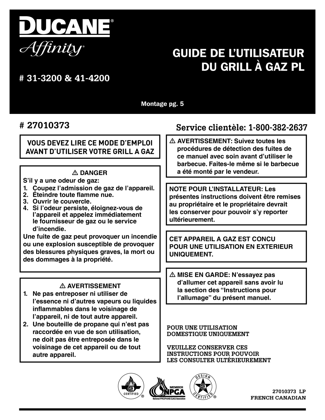 Ducane 31-3200 owner manual Guide DE L’UTILISATEUR DU Grill À GAZ PL 