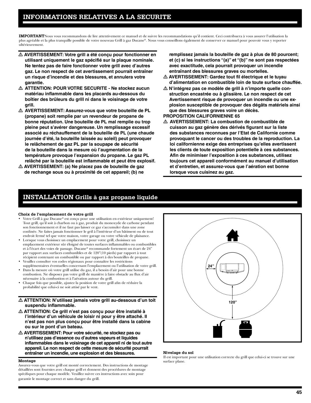 Ducane 31-3200 Informations Relatives a LA Securite, Choix de l’emplacement de votre grill, Montage, Nivelage du sol 