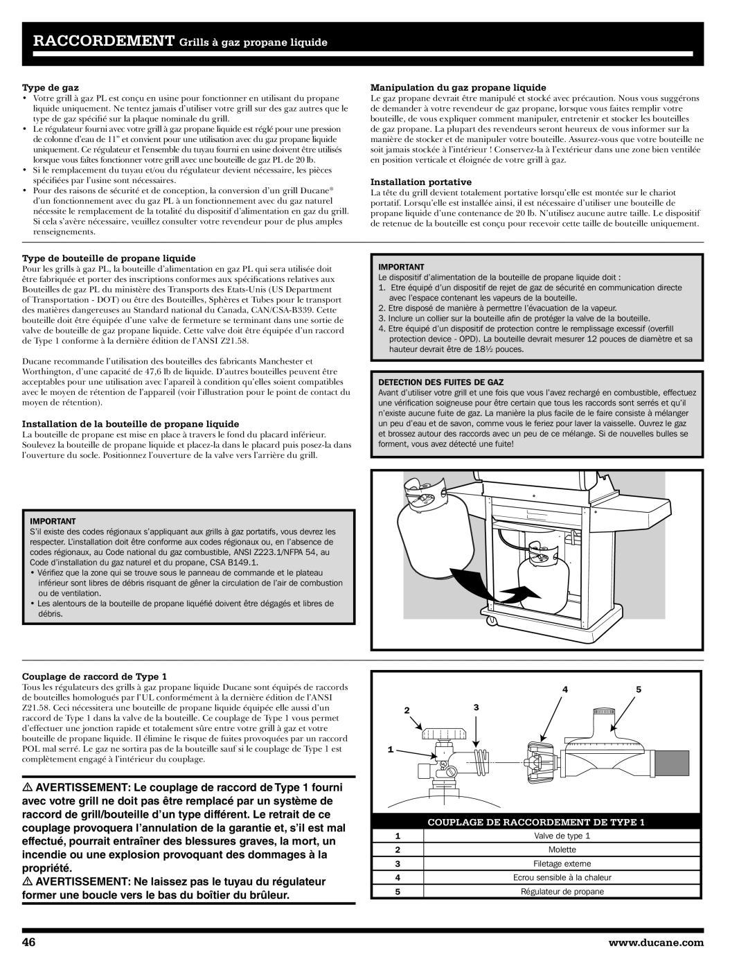 Ducane 31-3200 Type de gaz, Manipulation du gaz propane liquide, Installation portative, Couplage de raccord de Type 