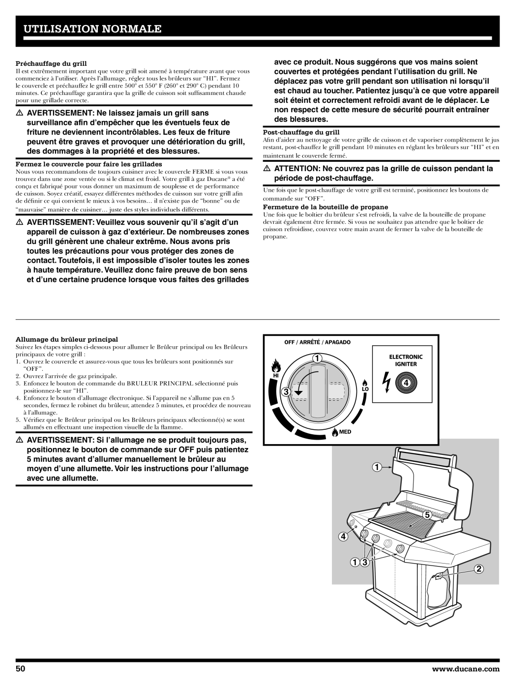 Ducane 31-3200 owner manual Préchauffage du grill, Fermez le couvercle pour faire les grillades, Post-chauffage du grill 