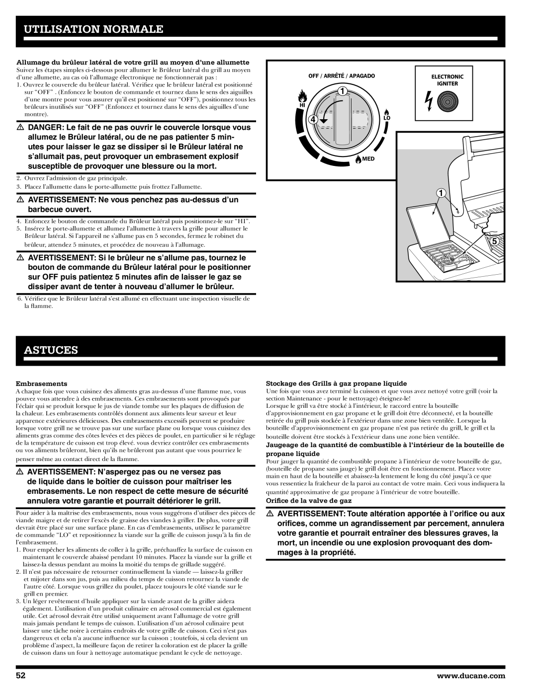 Ducane 31-3200 owner manual Astuces, Embrasements, Stockage des Grills à gaz propane liquide, Oriﬁce de la valve de gaz 