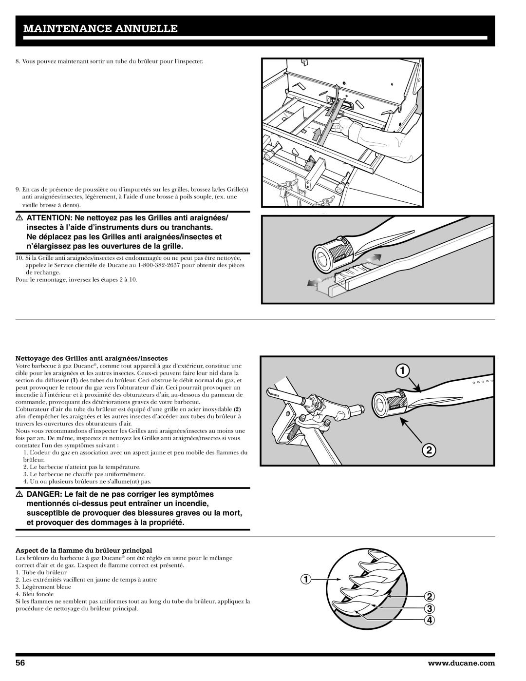 Ducane 31-3200 owner manual Nettoyage des Grilles anti araignées/insectes, Aspect de la ﬂamme du brûleur principal 