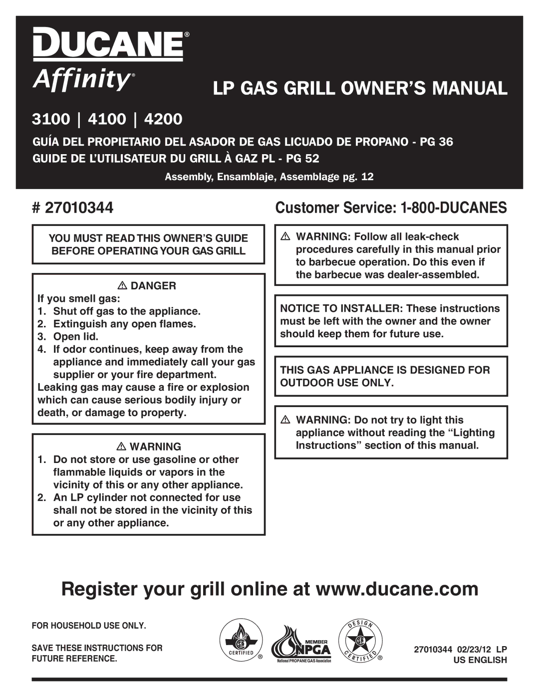 Ducane 3100 | 4100 | 4200 owner manual Customer Service 1-800-Ducanes 