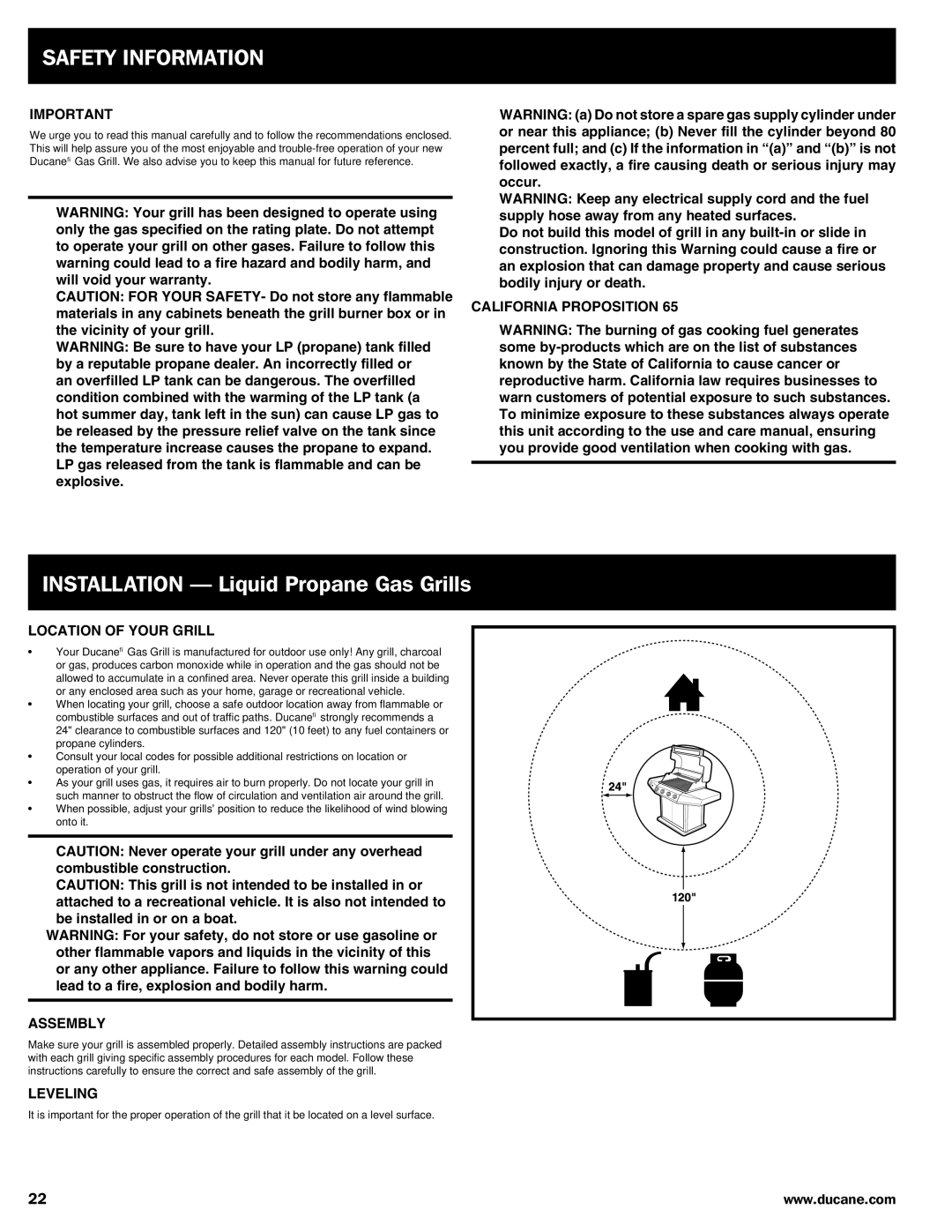 Ducane 3100 | 4100 | 4200 owner manual California Proposition, Location of Your Grill, Assembly, Leveling 