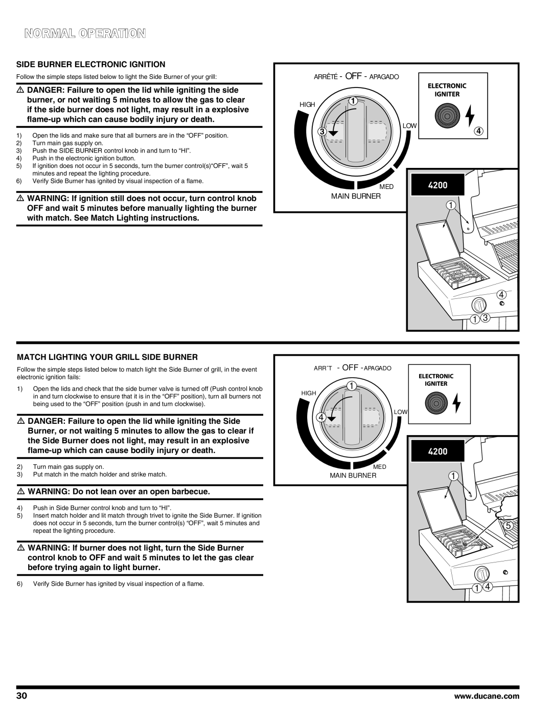 Ducane 3100 | 4100 | 4200 owner manual Side Burner Electronic Ignition, Low 