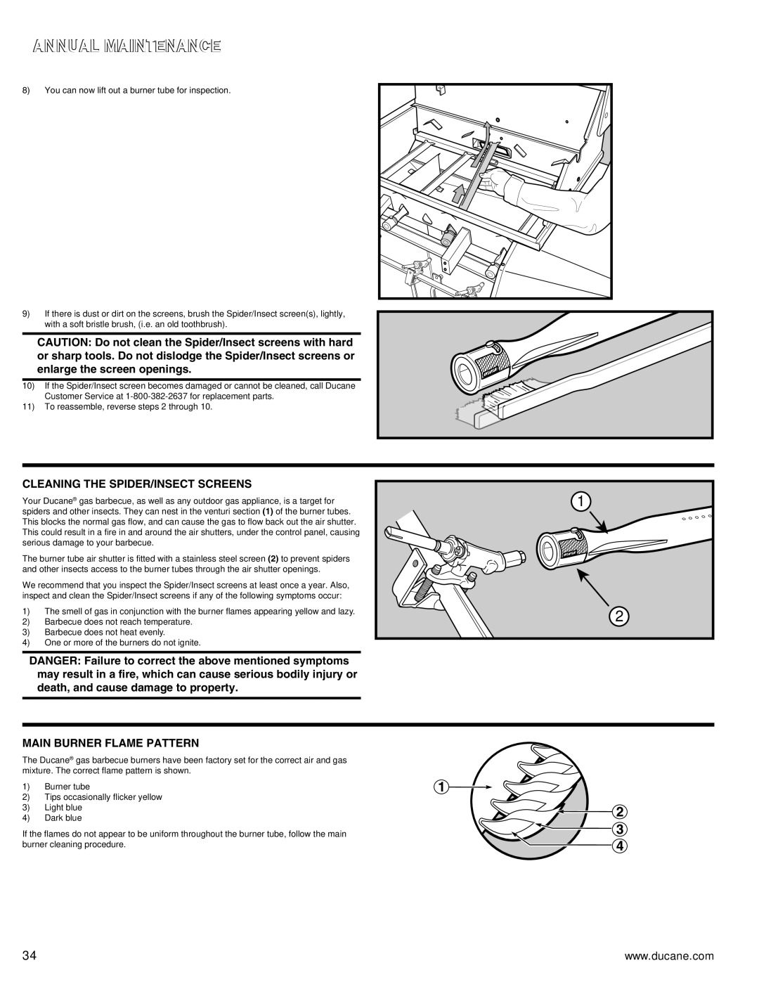 Ducane 3100 | 4100 | 4200 owner manual Cleaning the Spider/Insect Screens, Main Burner Flame Pattern 