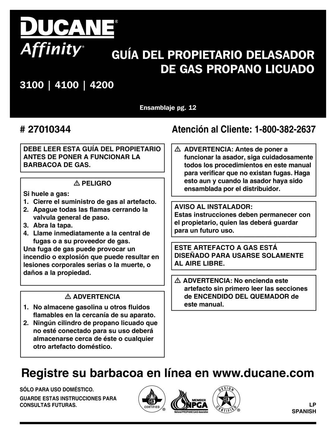 Ducane 3100 | 4100 | 4200 owner manual Guía del propietario delasador de gas propano licuado 