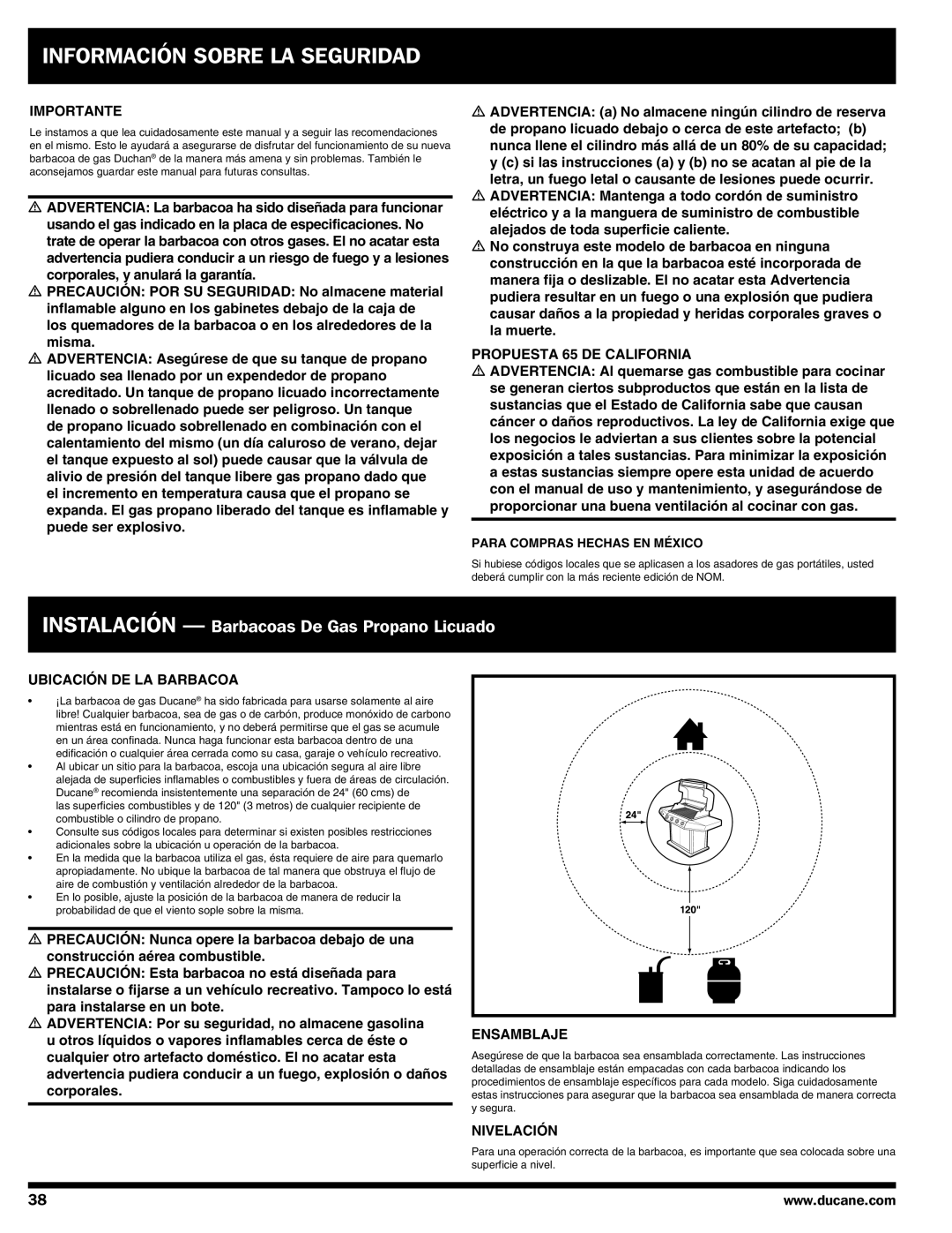 Ducane 3100 | 4100 | 4200 owner manual Importante, Propuesta 65 DE California, Ubicación de la barbacoa, Nivelación 