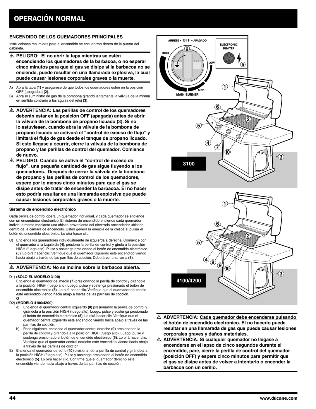 Ducane 3100 | 4100 | 4200 Encendido DE LOS Quemadores Principales, Advertencia No se incline sobre la barbacoa abierta 